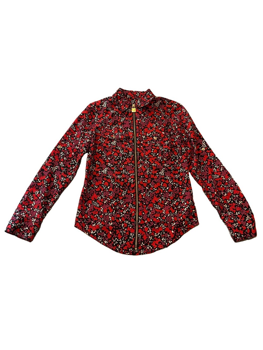 Michael Kors Floral Red Roll-Tab Long Sleeve Zipper Blouse Silver Hardware XXS